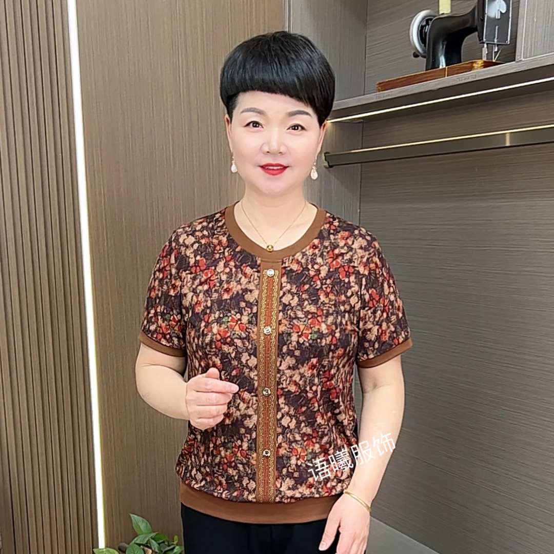常规休闲风复古港风中老年女装圆领短款时尚大码薄款小衫F8995