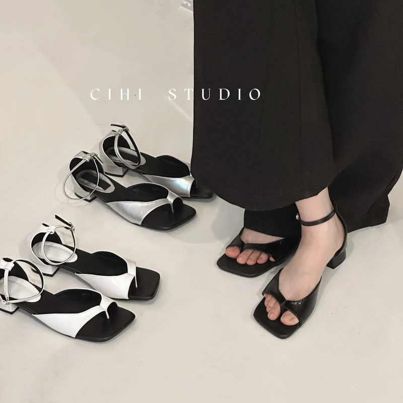 Cihi設計/557-夏日方糖-小众设计师款夹趾一字绑带方跟气质凉鞋