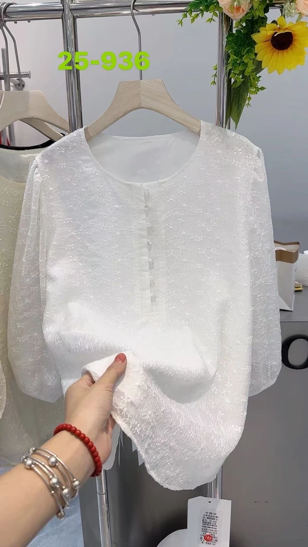 亚麻提花中袖衬衣夏季显瘦设计感百搭小清新