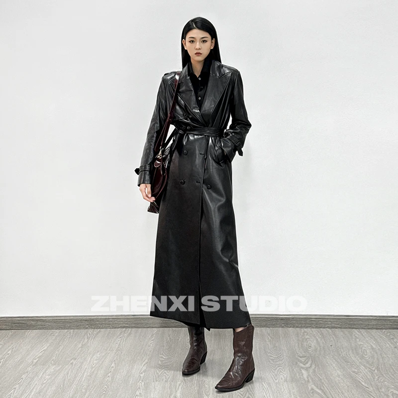 针西【腔调感】新款加长皮风衣高个子穿搭W90012