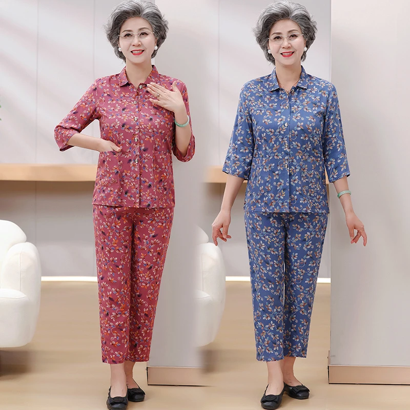 妈妈夏装大码套装棉绸中老年人女装两件套奶奶装衬衫太太衣服春秋