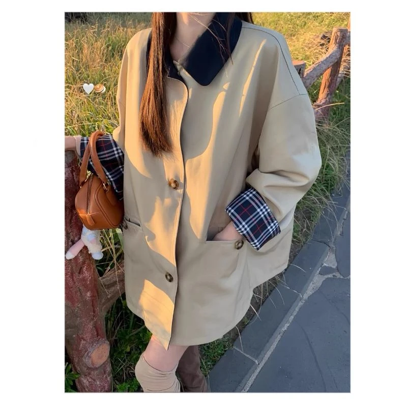 2515【撞色领风衣外套】Y韩风设计款英伦风撞色领风衣外套百搭