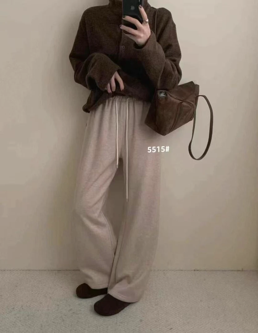 李园家1号店-5515-老钱风长裤拼接高腰休闲裤纸片人长裤