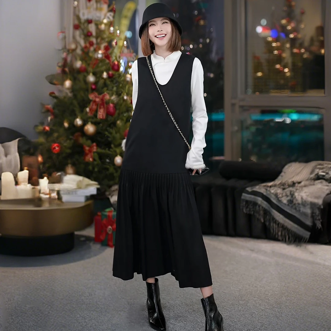 溶溶【墨韵素暖】RONGRONG 绵羊毛混纺手工排褶背心连衣裙F26QL5048