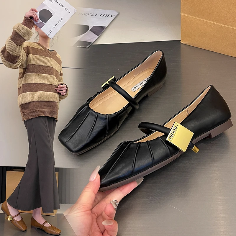 黑/杏/棕三色玛丽珍单鞋女平底软面舒适女瓢鞋加宽加肥大码女鞋