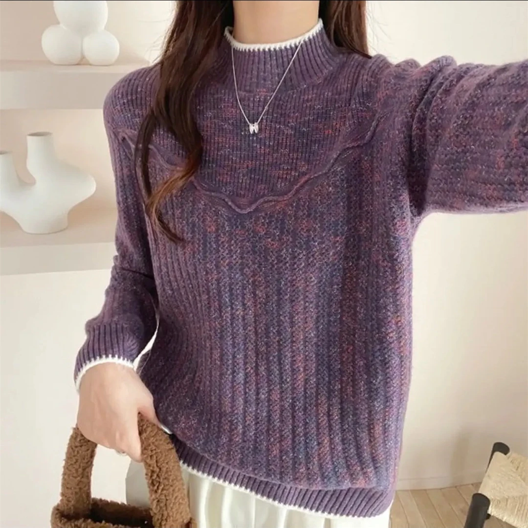 厚款百搭2025冬季新款毛针织衫加厚花纱女毛衣衫半高领毛衣内搭
