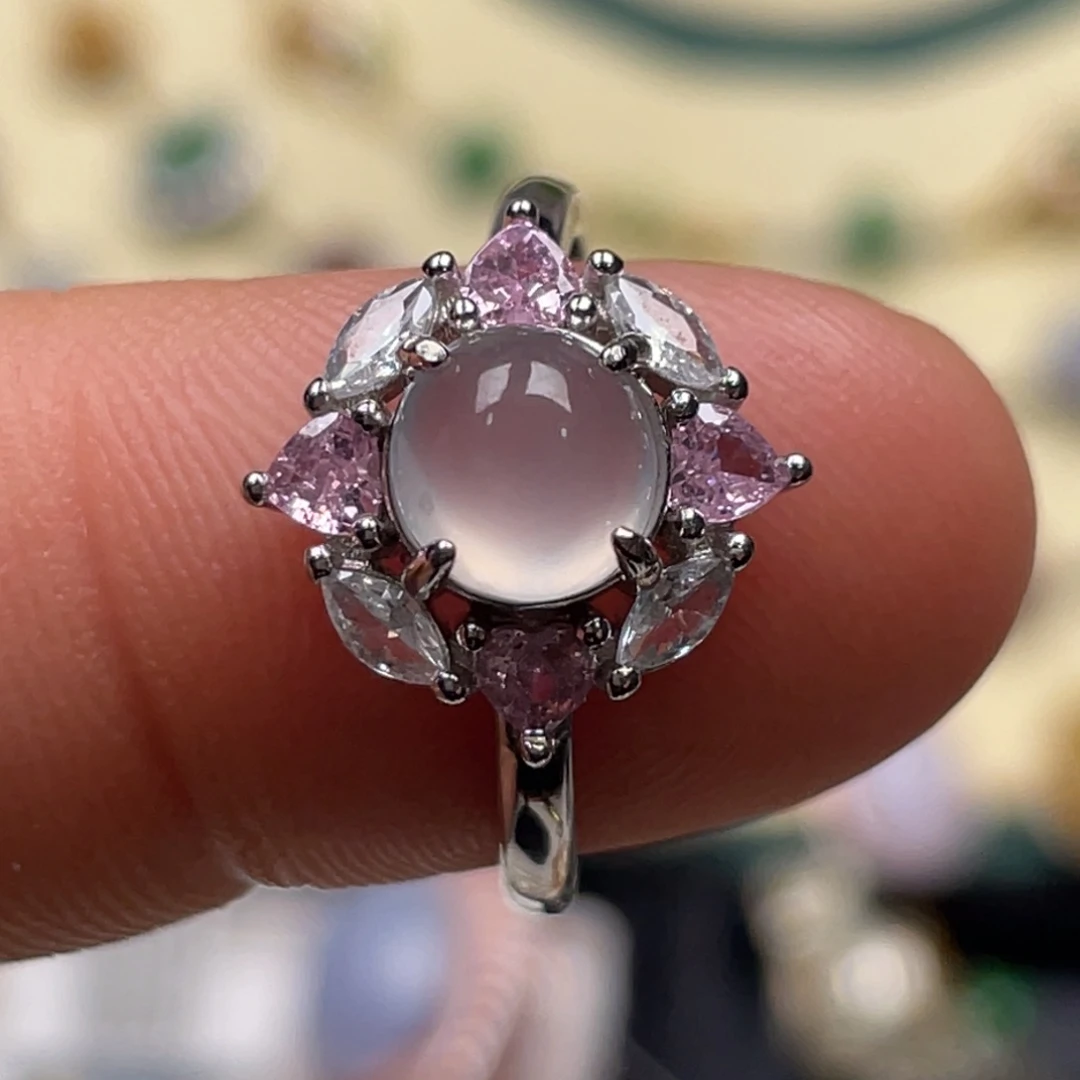 翡翠戒指银S925镶嵌纯天然缅甸翡翠