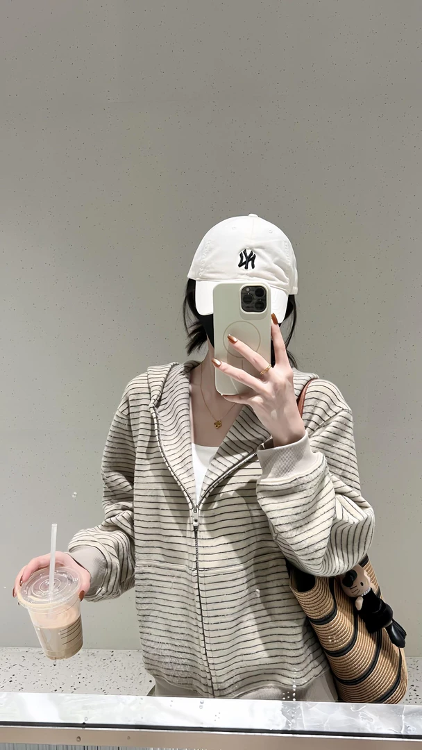 【左岸漫游】条纹连帽厚款拉链慵懒风保暖卫衣短款宽松撞色长袖套装