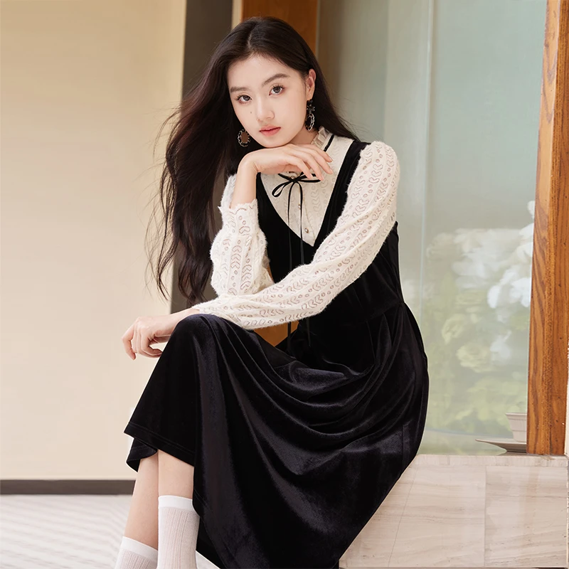 【小铃铛专属】Q844138连衣裙 香影假两件丝绒连衣裙女2024秋冬