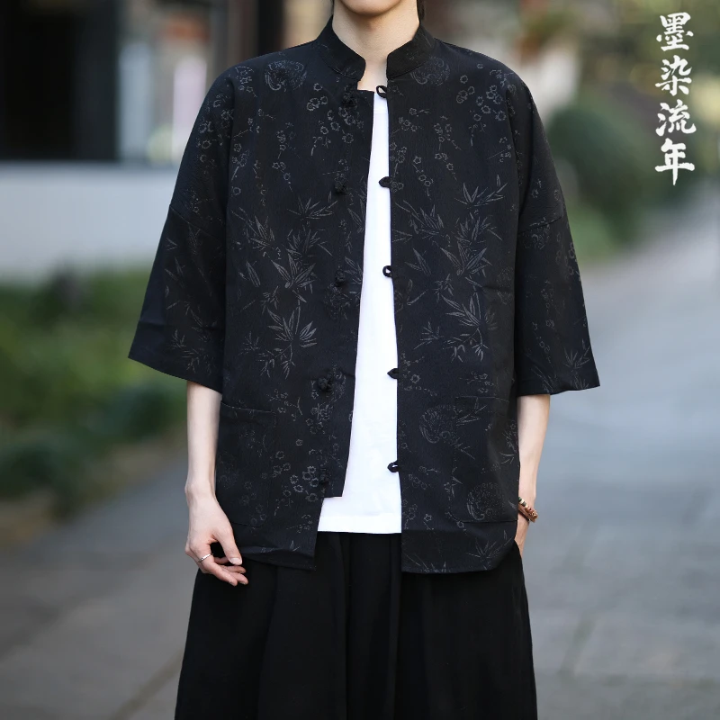 新中式夏季男士短袖衬衫外套复古宽松盘扣唐装七分袖竹子压花衬衣