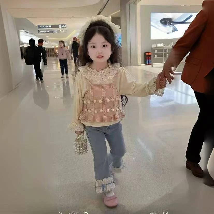 韩国森系女童小香风三件套新款洋甜美针织马甲花边娃娃领衫牛仔裤