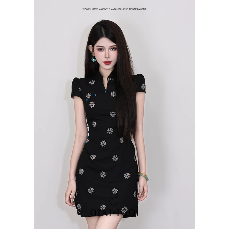 七小七Sicily【花涧秀】新中式夏季改良黑色刺绣旗袍短款连衣裙