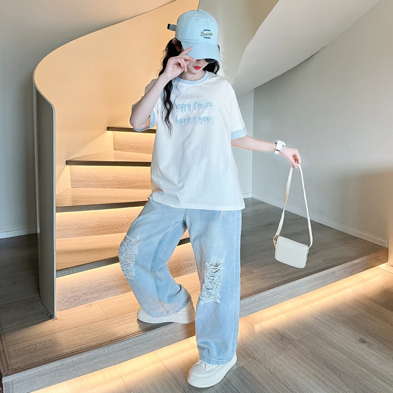 女童2025新款休闲破洞牛仔裤儿童夏款洋气直筒休闲百搭长裤