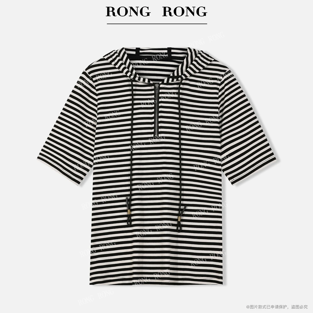 溶溶【休闲墨序】RONGRONG 条纹半拉链连帽百搭显瘦T恤短袖25708