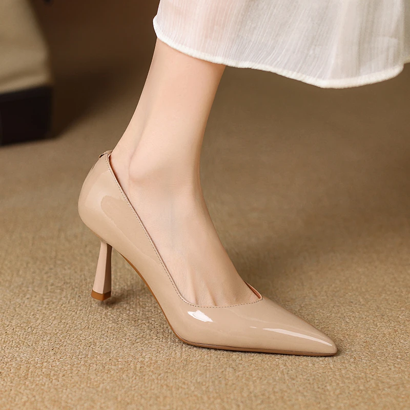 牛皮7cm 法式简约通勤裸色高跟鞋女春秋百搭真皮尖头气质浅口单鞋