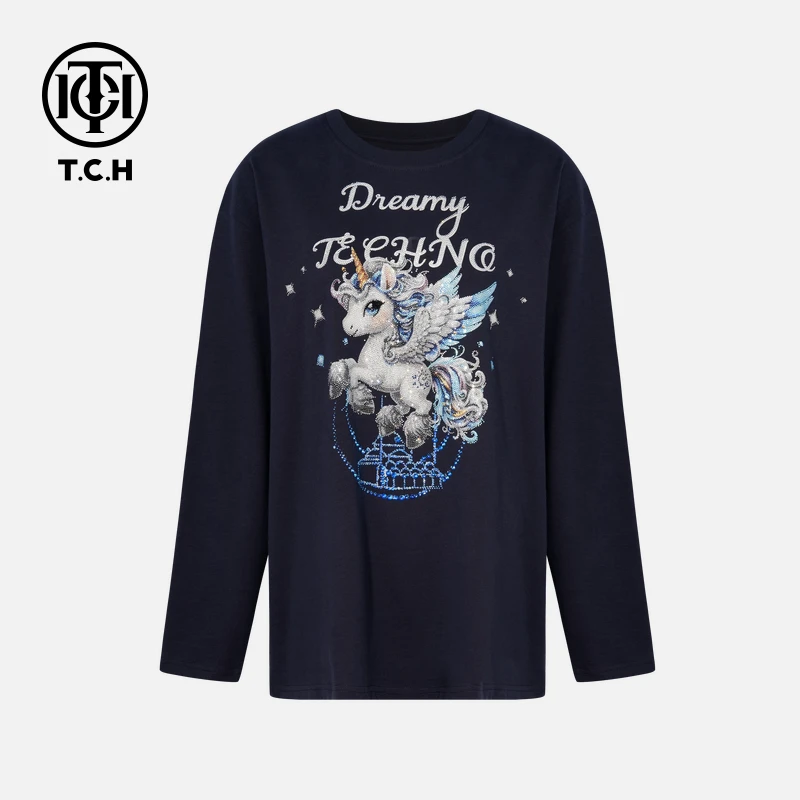 TCH烫钻工艺时尚休闲百搭气质秋款T恤女T75C08E9006轻奢tch