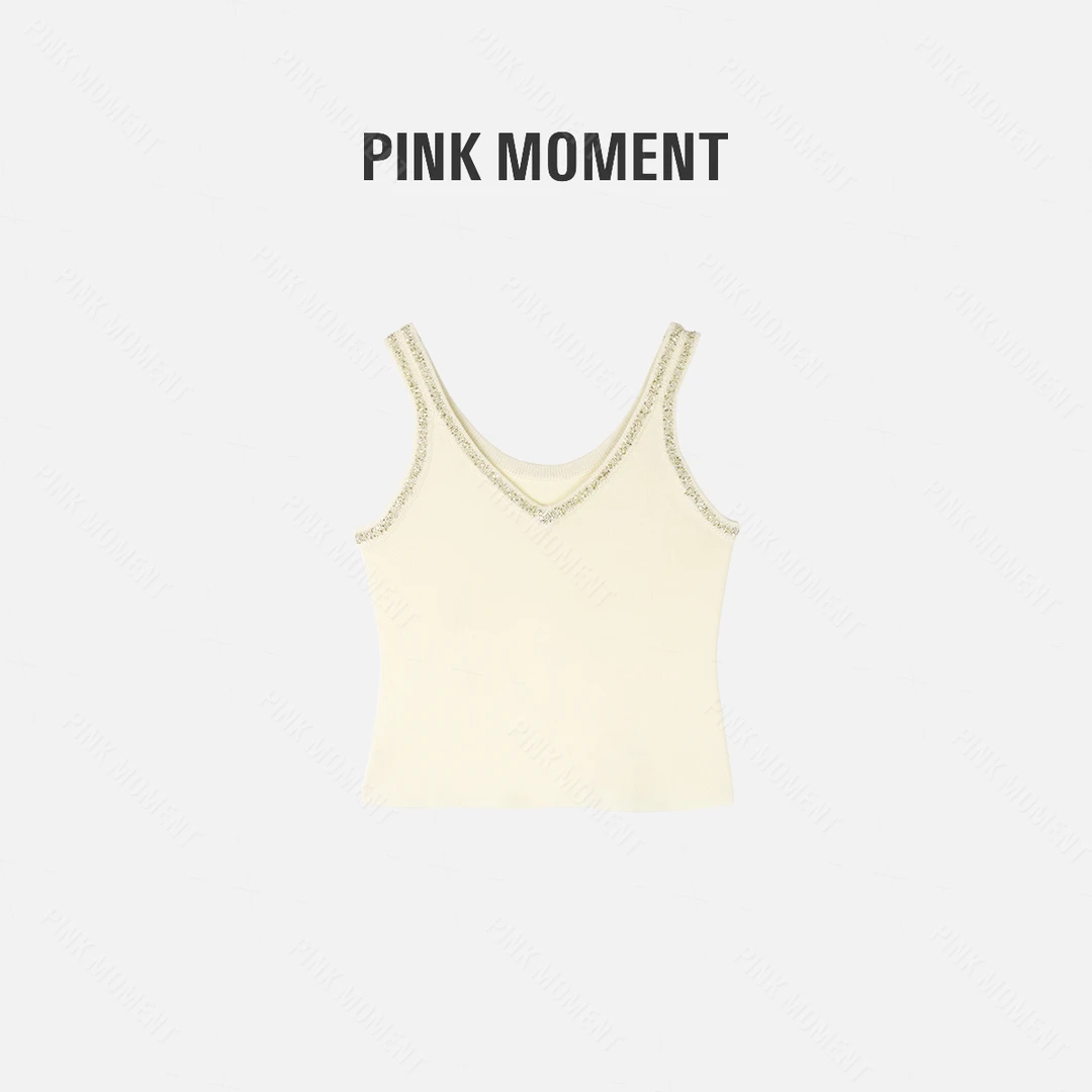 PM王囡囡 米白色无袖肩带领口亮片刺绣背心（无胸垫） ND1A0475
