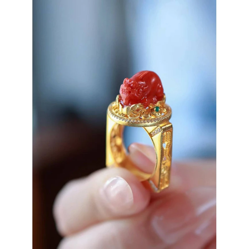 衣锦媚行925银镀金玛瑙貔貅瑞兽戒J3716