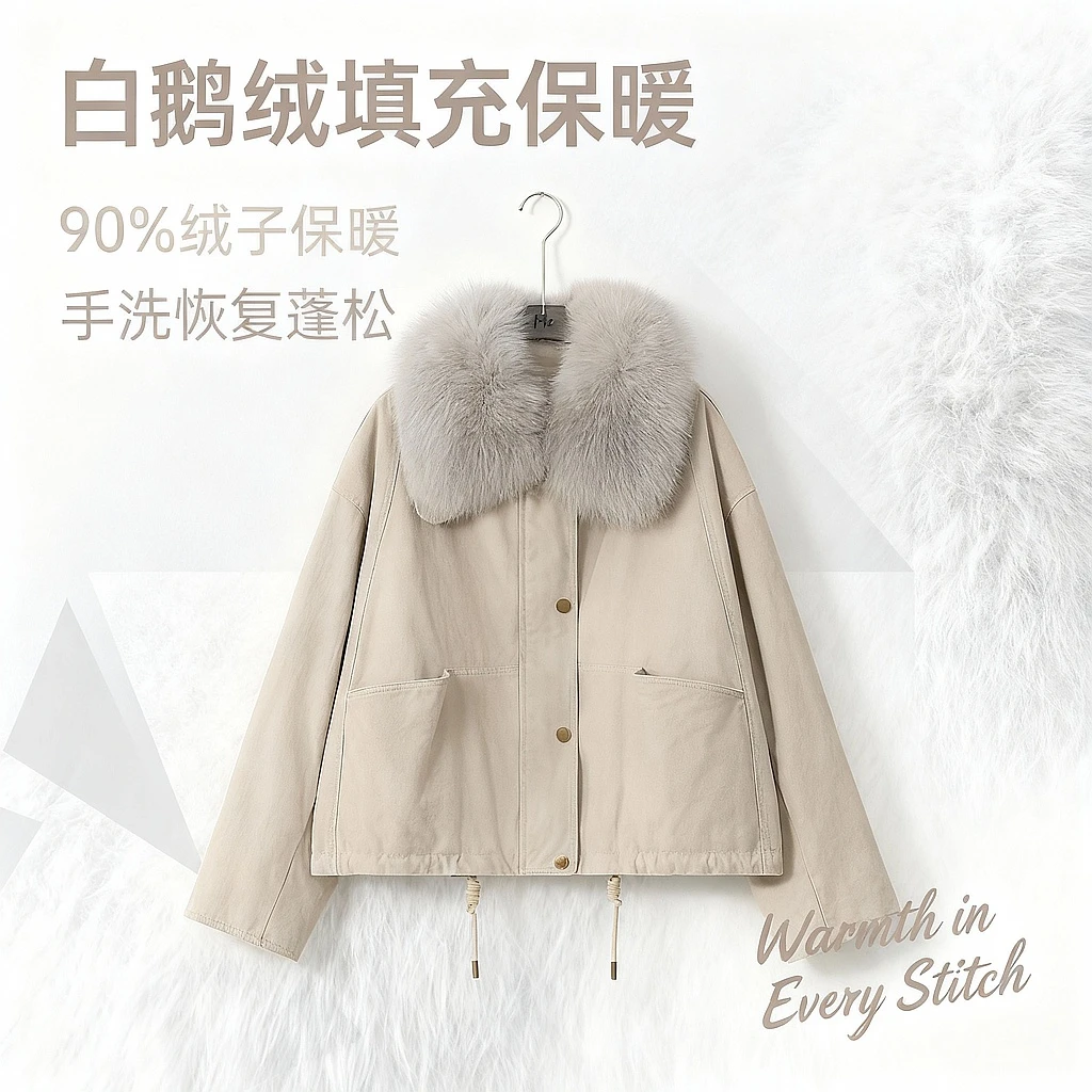 ME【银狐派克鹅绒服】狐狸毛领做旧巴恩保暖时尚百搭羽绒服MESA3490