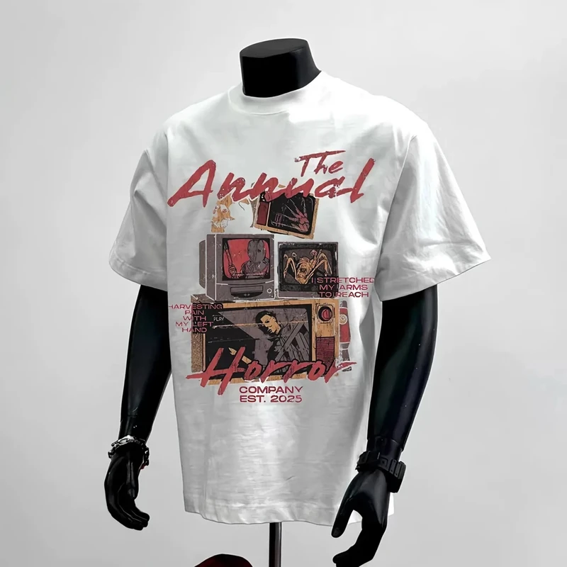 重磅轻奢圆领短袖情侣美式做旧电视机动漫印花白T恤oversize宽松