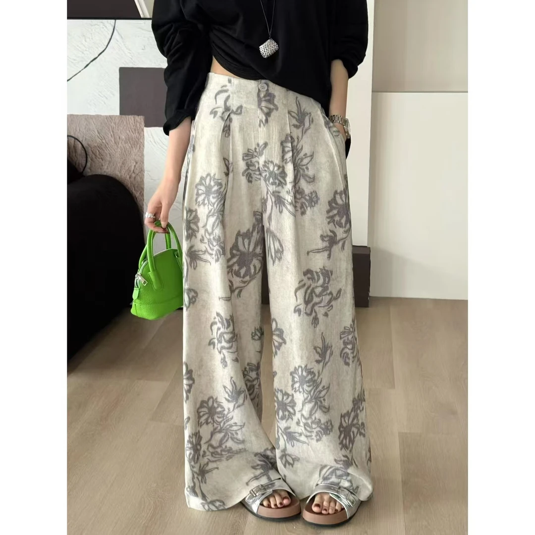 SP【冰爽亚麻】棉麻亚麻阔腿裤女复古流行直筒印花裤 腰间松紧