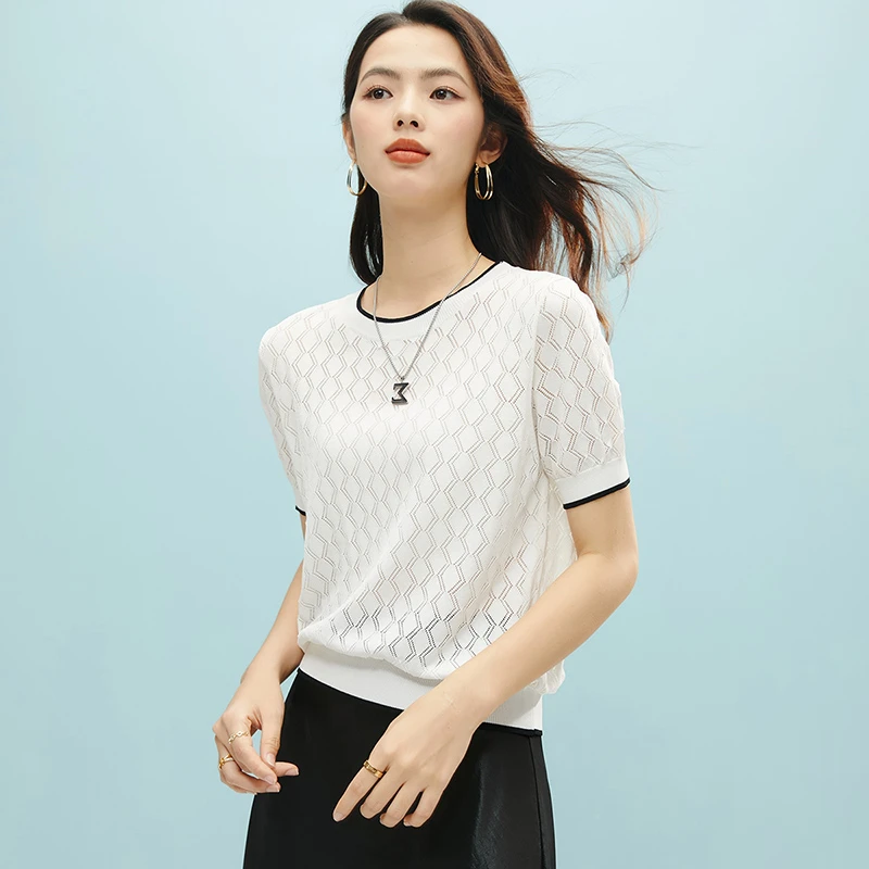 晚白【新品】2025夏上衣圆领针织短袖女25022813