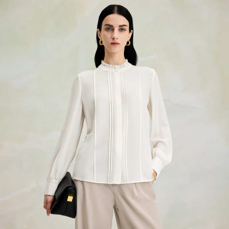 寺山文也 婉嫣/23mm真丝鬼绉塔克褶设计感木耳边立领长袖衬衫女秋