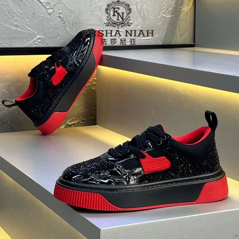 法莎尼亚轻奢男鞋秋季新款透气休闲板鞋烫钻个性舒适百搭运动鞋男