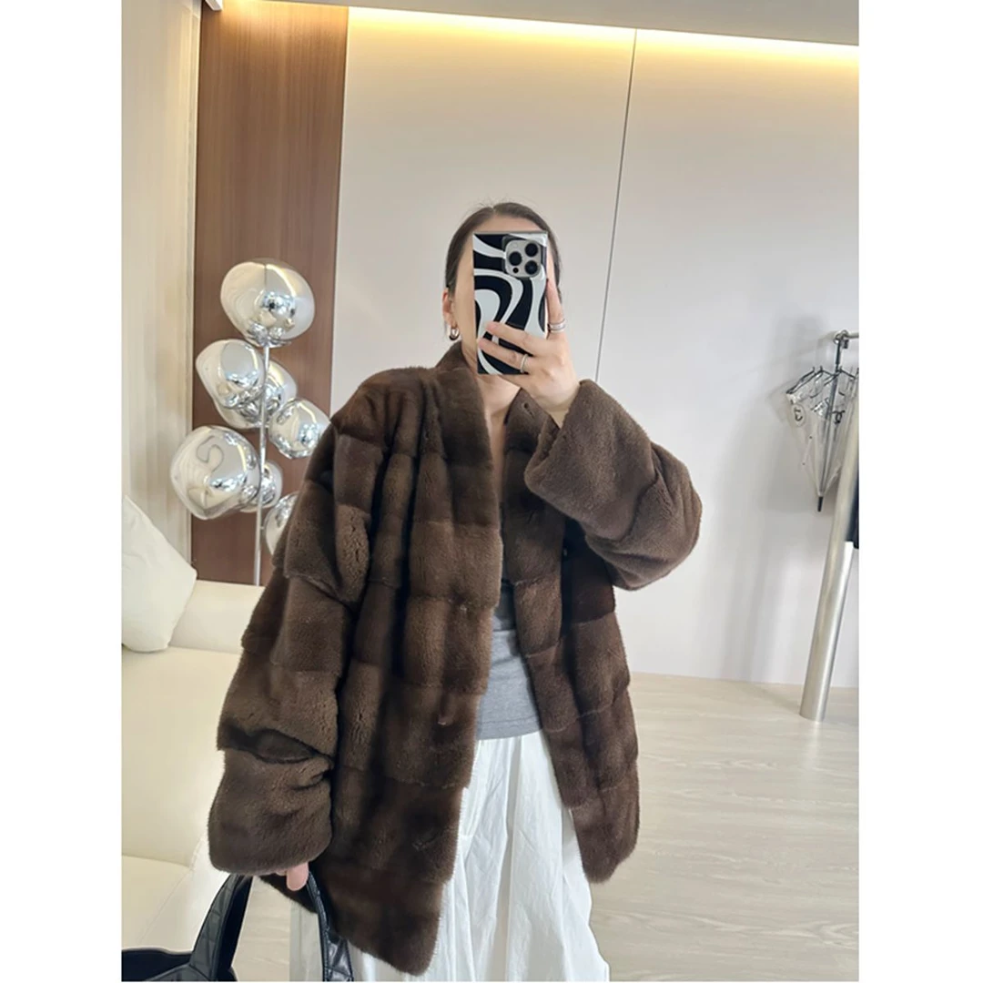 9521新款进口v领小母貂大衣女整貂横排全挖削工艺水貂皮草女外套