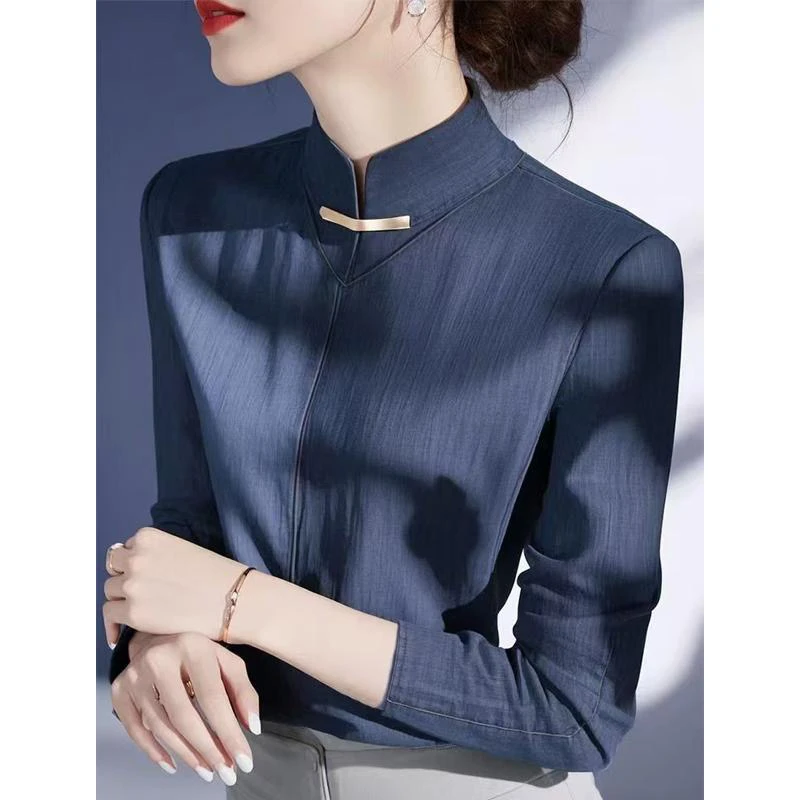 2025年春秋季新款纯色修身衬衫女韩版时尚设计感休闲百搭显廋上衣
