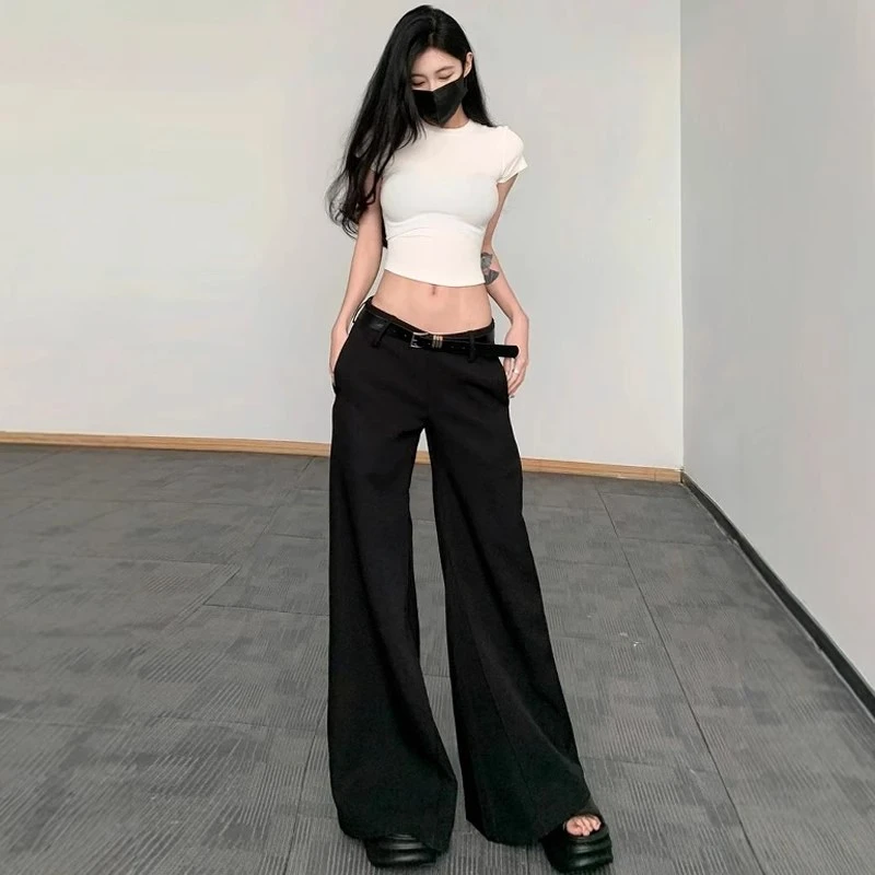 黑色休闲裤女秋2025新款低腰长裤辣妹西装百搭阔腿微喇叭裤拖地裤