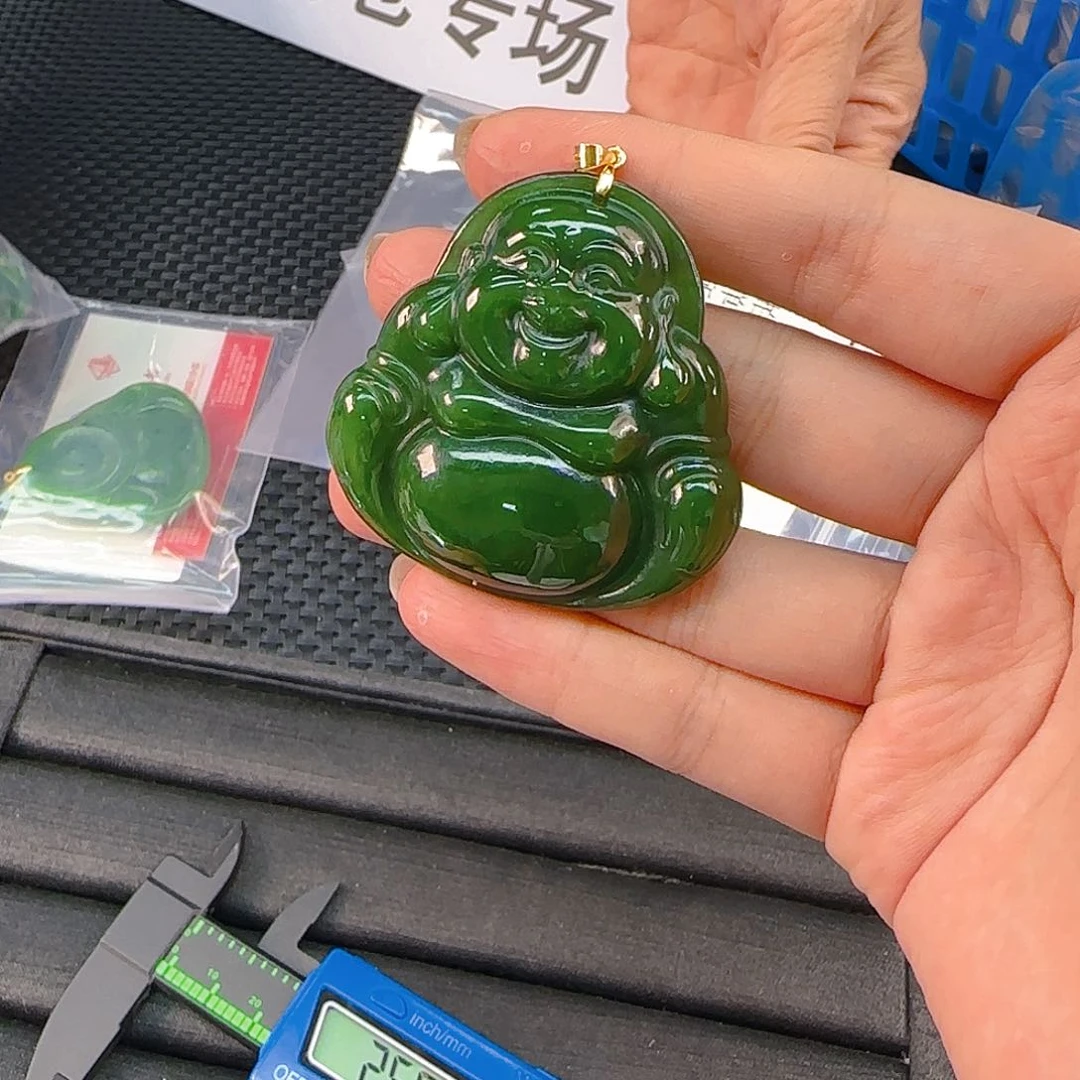 银S925镶嵌和田玉（碧玉）耳饰碧玉佛公卡50  098