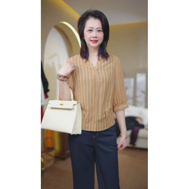 A115山间明月商场专卖2025秋时尚新品女装条纹休闲衬衣小衫上衣25