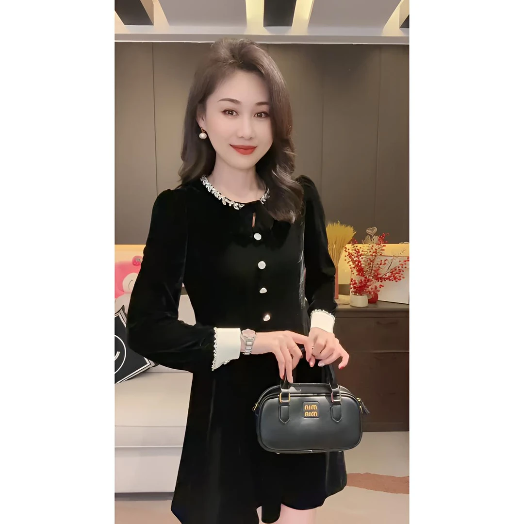 FY春季时尚百搭洋气减龄女士丝绒连衣裙气质显瘦收腰黑色连衣裙