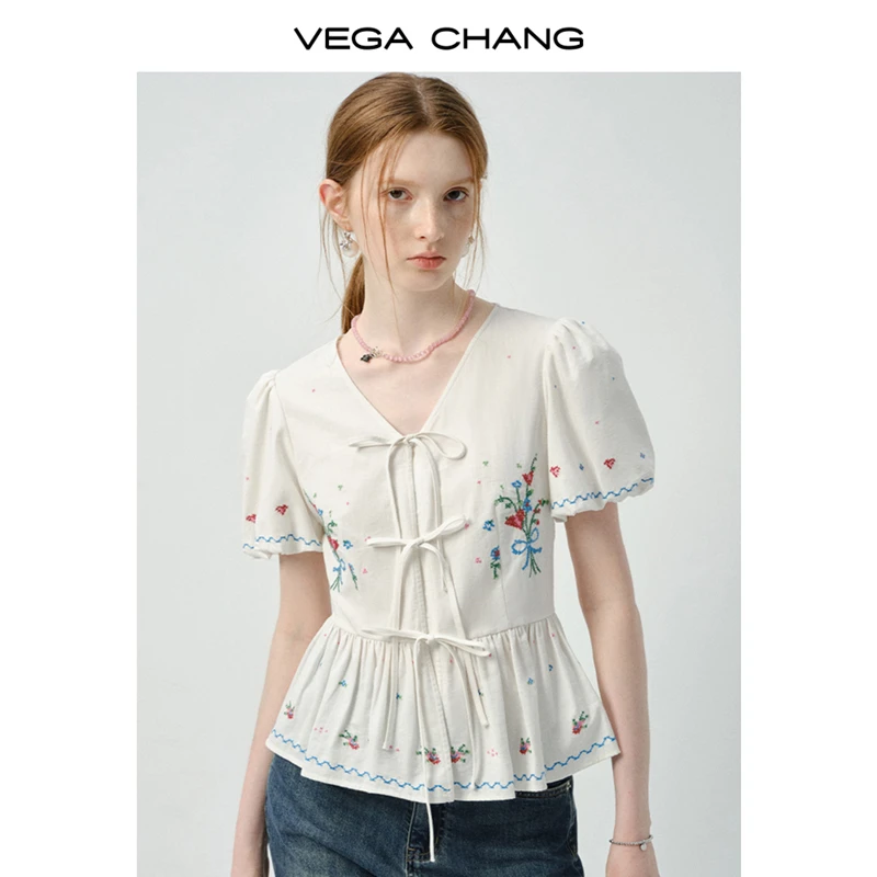 VEGA CHANG衬衫女2025新款夏季小众刺绣系带泡泡袖小衫0409