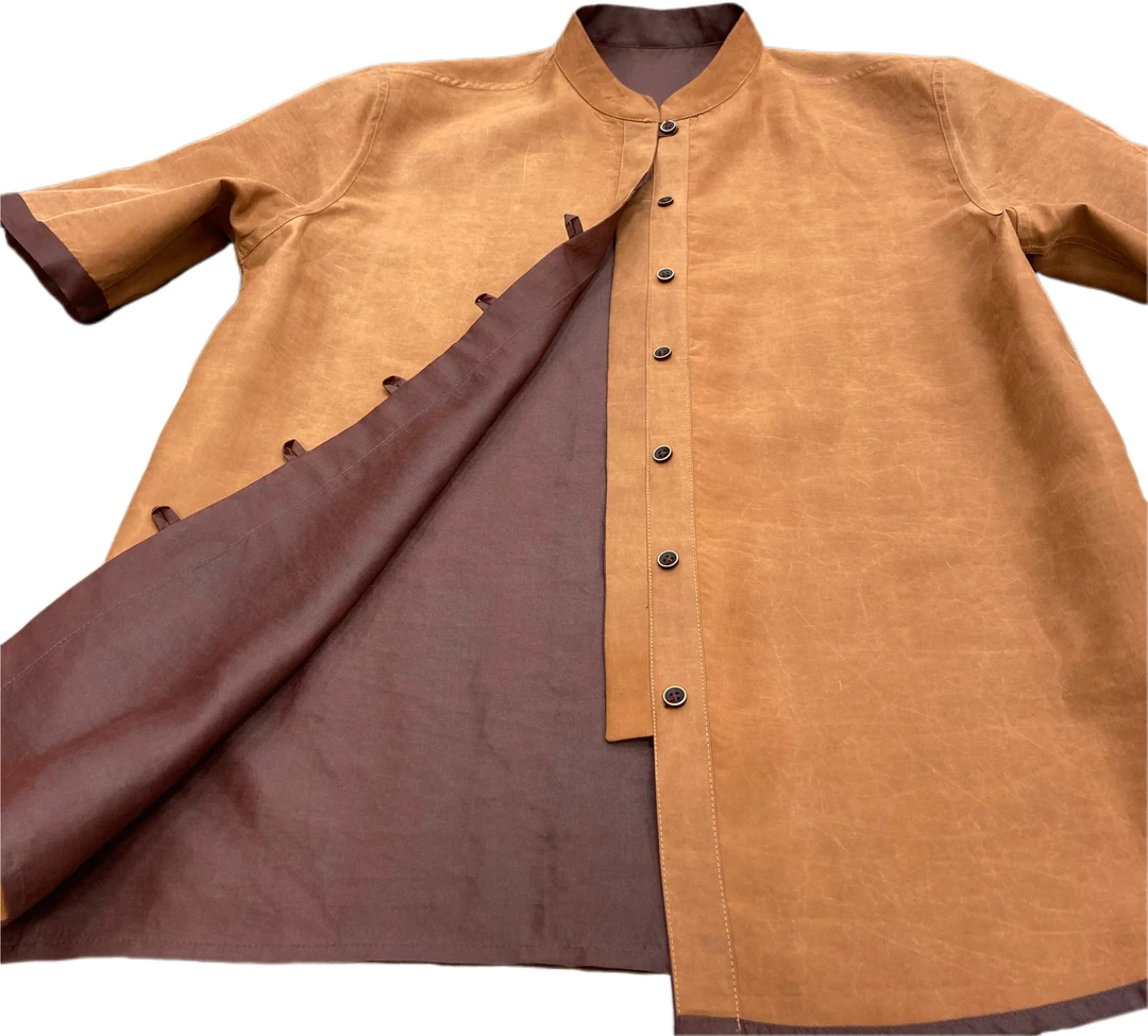 2025年新款100桑蚕丝顺德老料红云纱男装短袖新中式双面双穿衬衣