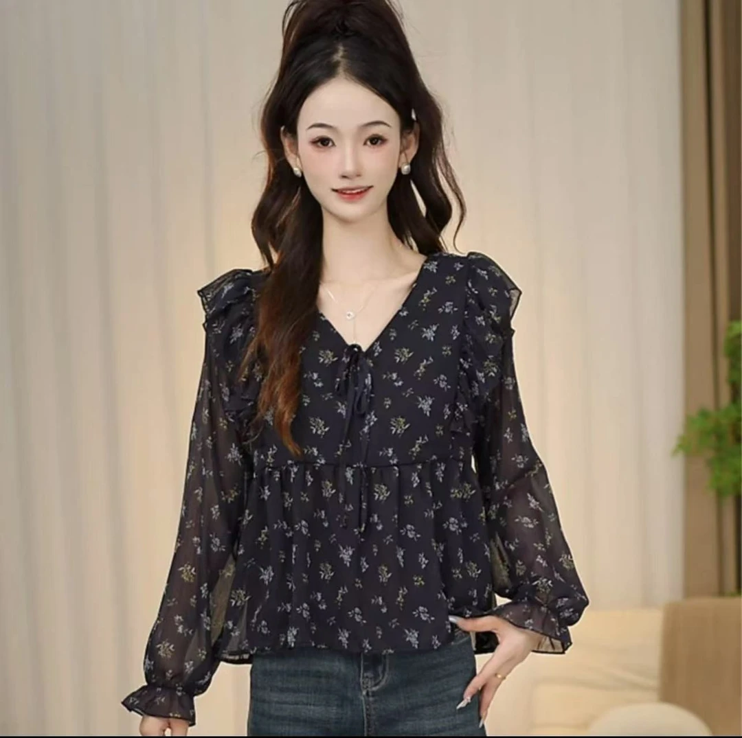 韩系木耳边定制面料碎花小领上衣t恤显瘦印花秋季新款