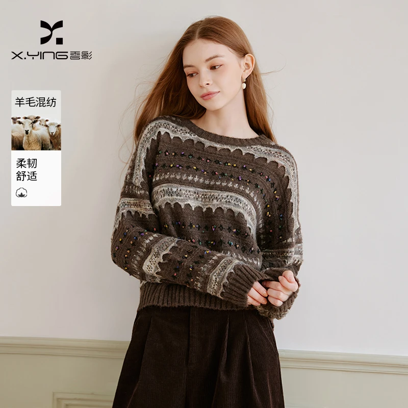M75W017毛针织衫 香影复古彩色条纹针织衫女冬季新款落肩咖色毛衣