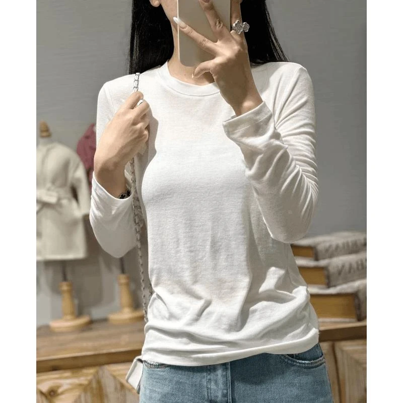 莫代尔棉春秋纯色圆领长袖t恤女百搭内搭修身大码显瘦打底衫上衣