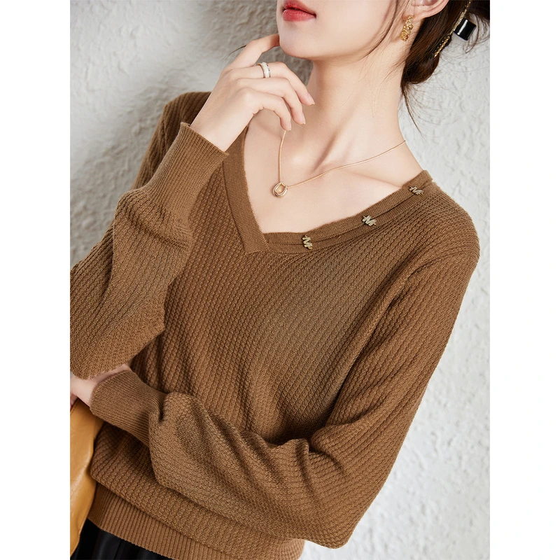 衣品乐V领长袖针织衫女春秋新款宽松内搭时尚洋气显瘦上衣B7843