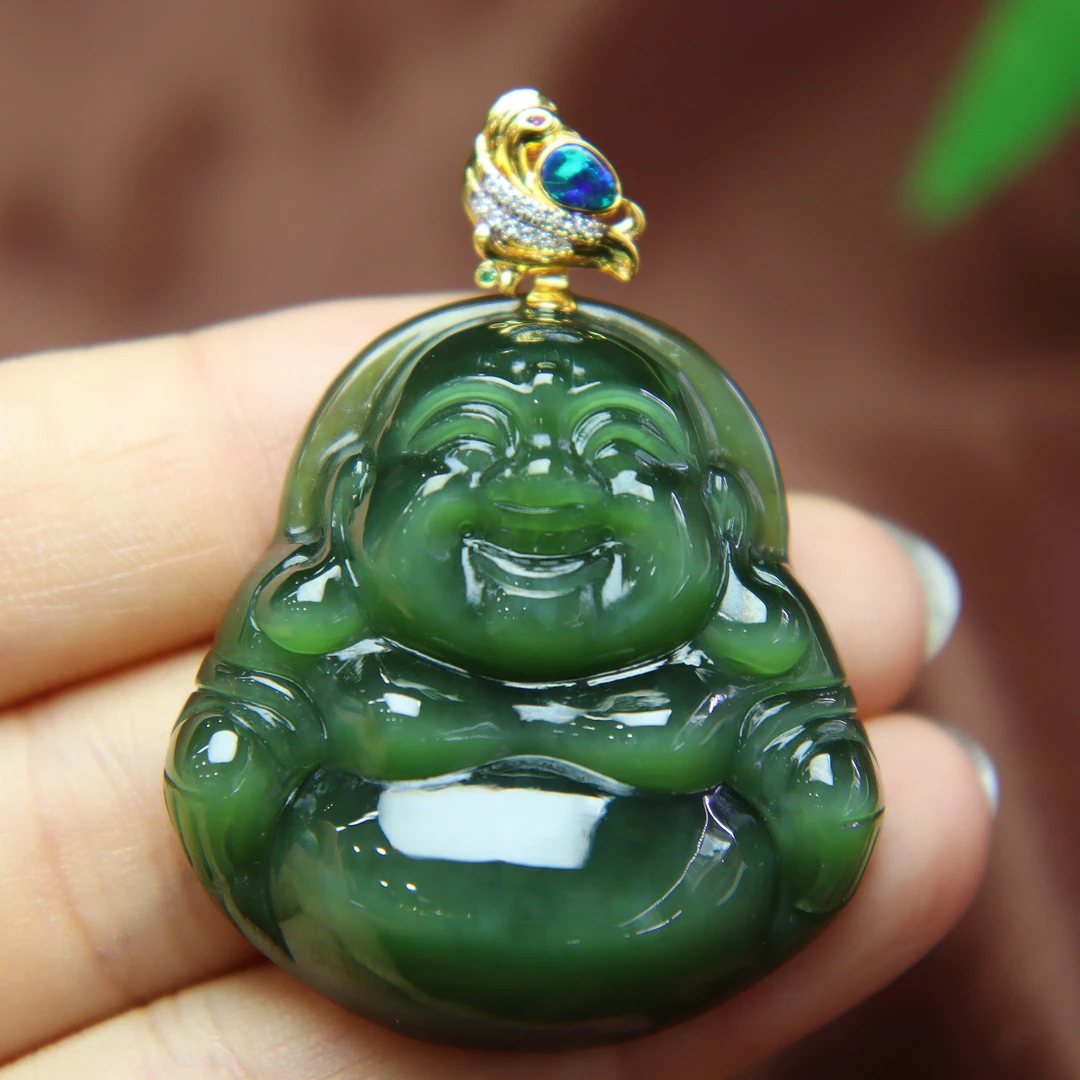 【鹿鸣臻品】18k和田玉黑猫佛公吊坠不含链 D45