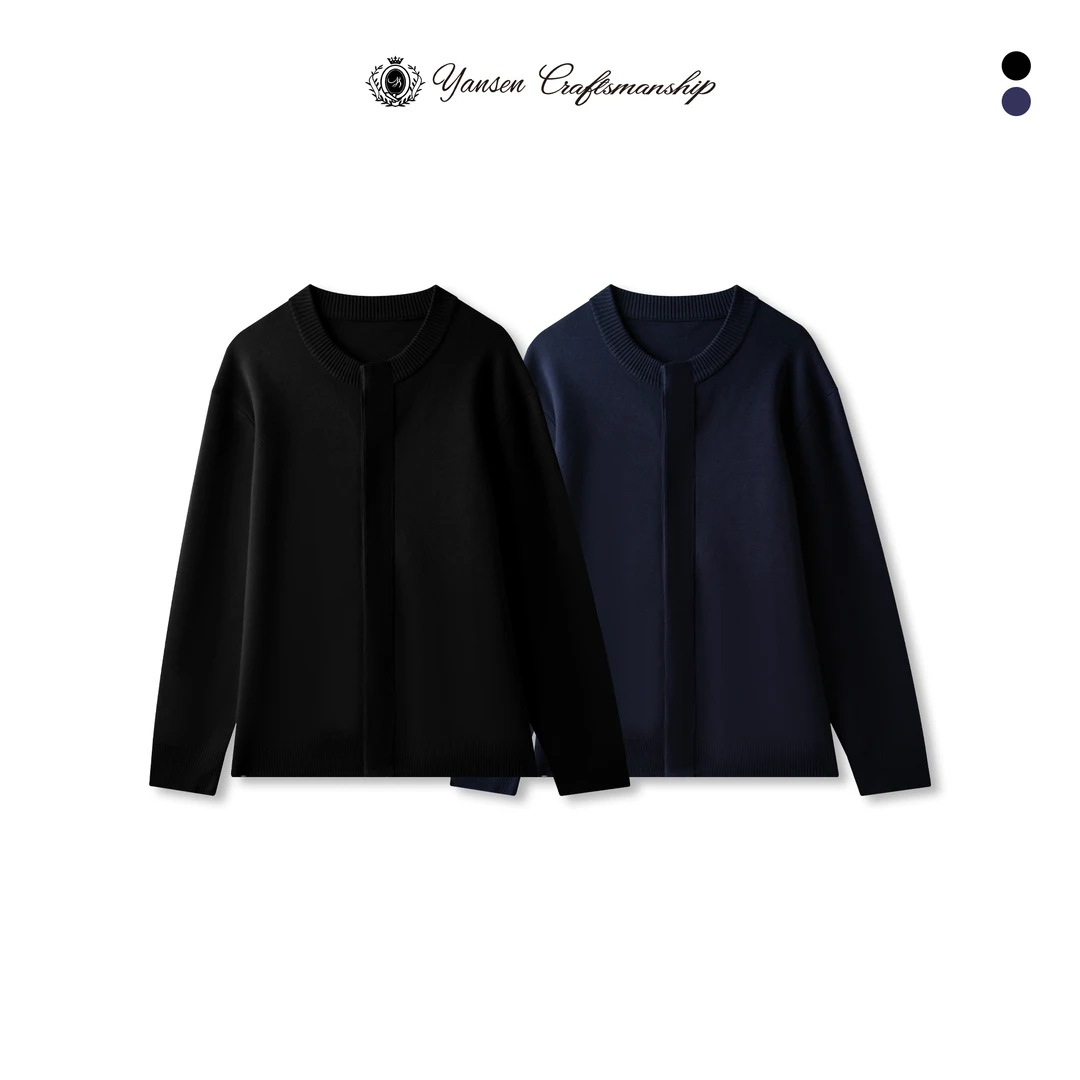 YANSEN750G高重磅紧密丝光莱卡纱线素材手缝扣圆领针织开衫YS8015