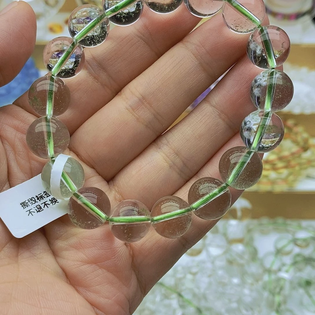 水晶手链银S925镶嵌天然绿幽灵手链12mm