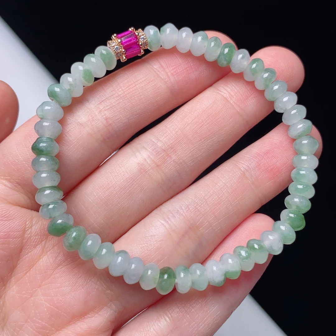 缅甸天然翡翠A货冰润飘花算盘珠手链卡5.5mm素圈玉手串