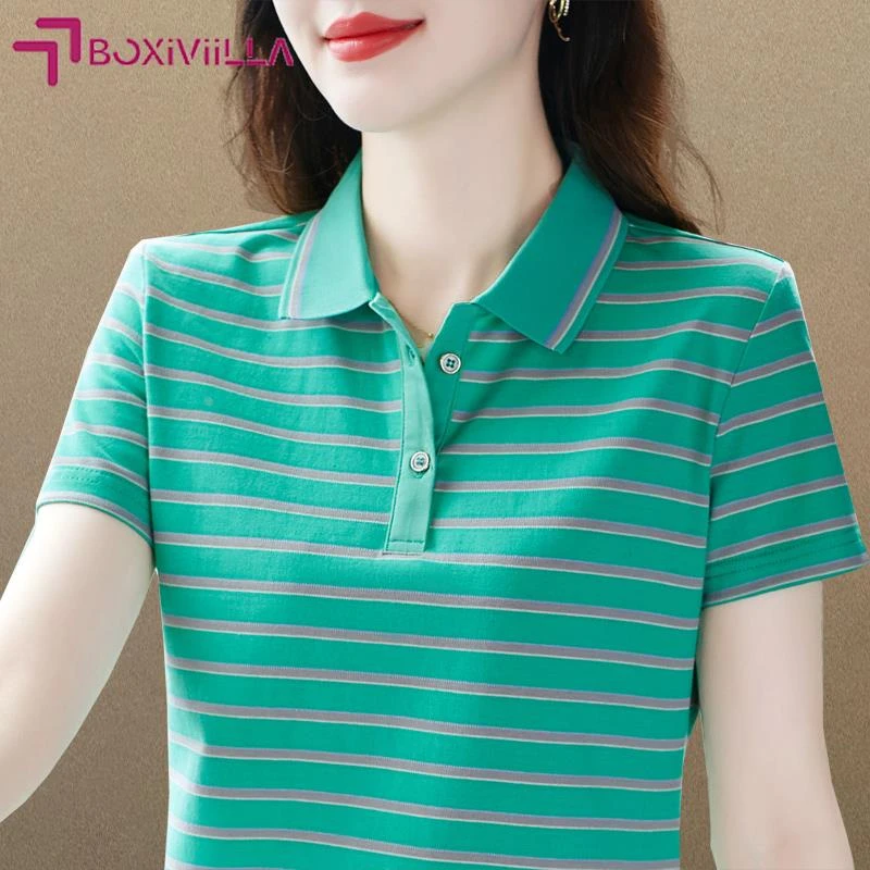 Boxiviilla纯棉polo衫t恤女夏季新款条纹翻领短袖大码运动休闲有