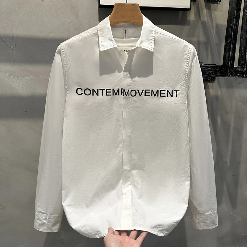 春季日系字母印花小众设计高级感衬衣男宽松休闲纯棉长袖衬衫白色