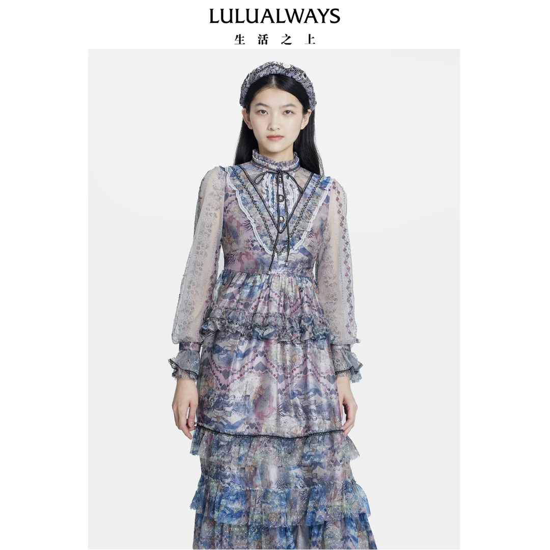 【媛媛女王专享】LULUALWAYS新款文艺花色蕾丝长袖连衣裙LOC5039