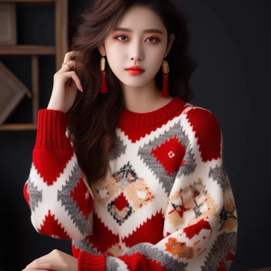 高端时尚漂亮红色毛衣女款2025新款秋冬内搭宽松针织