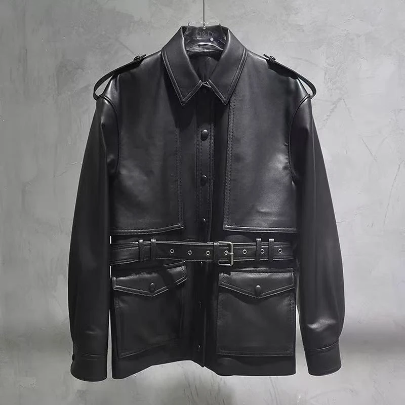 进口小羊皮外套女皮大衣系腰带皮夹克正面按扣开合可拆卸腰带