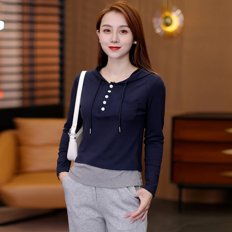 春季休闲假两件长袖洋气显瘦时尚连帽宽松修身百搭气质t恤女